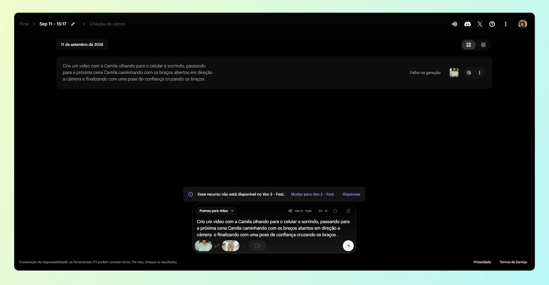 Tela do Google Flow mostrando o prompt usado para roteirizar as cenas da Camila no Veo 3.