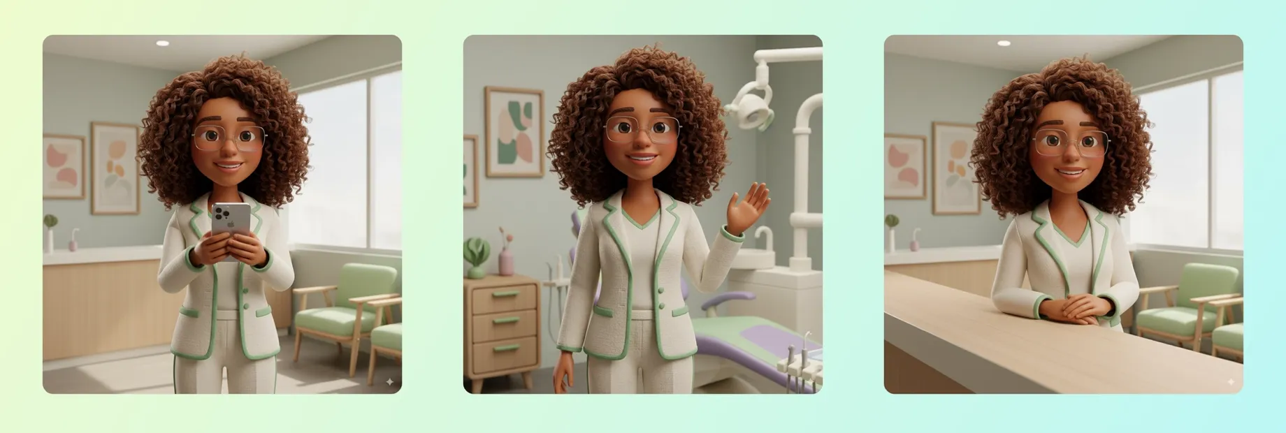 Três variações da Camila em estilo cartoon 3D, atendendo em cenários de clínica odontológica.