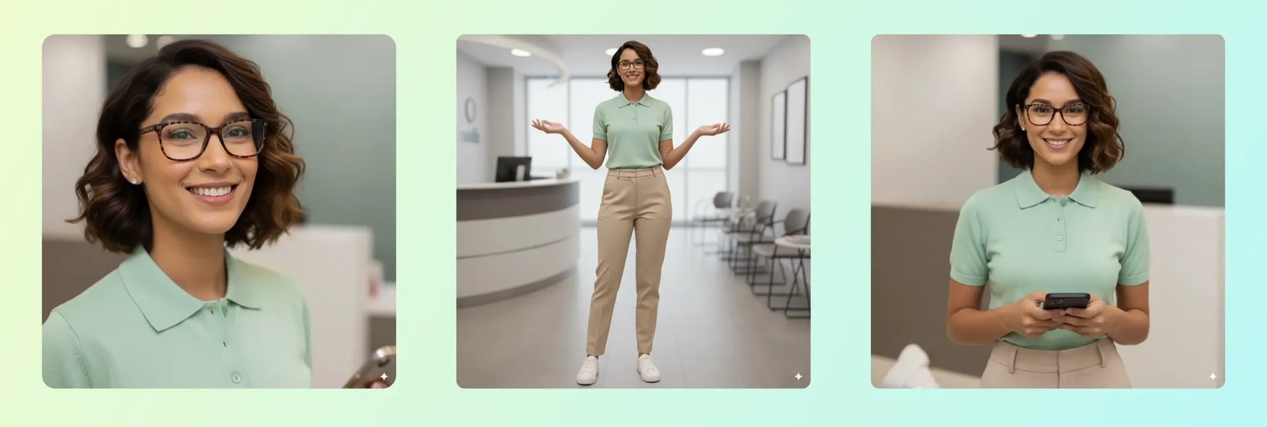Três variações fotorrealistas da Camila, a versão escolhida: retrato sorrindo, corpo inteiro na recepção da clínica e pose segurando o celular.