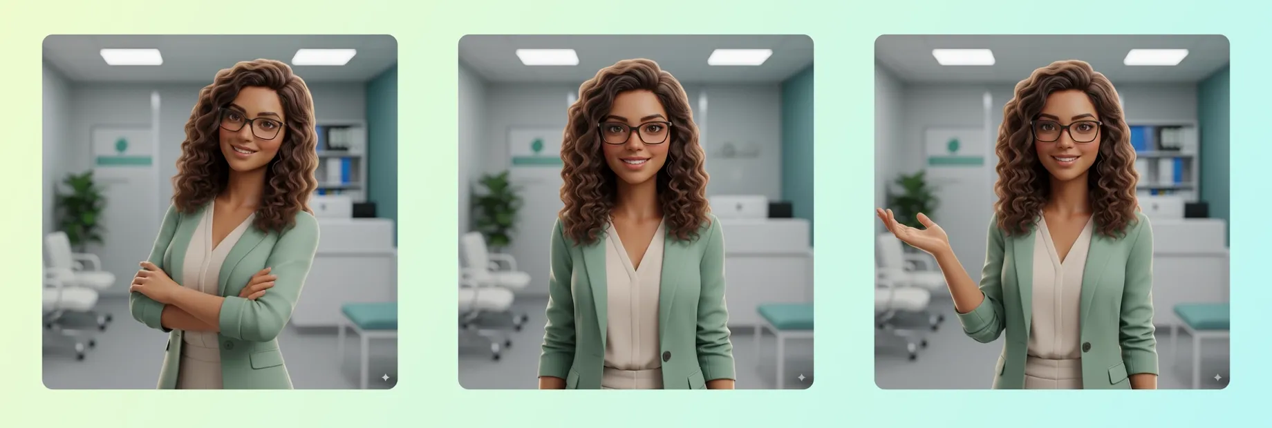 Três variações da Camila em estilo techie — visual 3D moderno, com blazer verde, em ambiente de clínica.